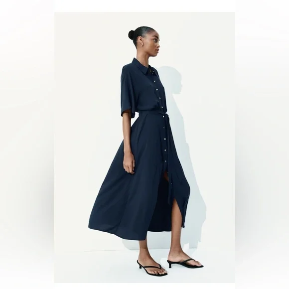 H&M Navy Button-Front Tie-Waist Dress - Picture 2 of 5